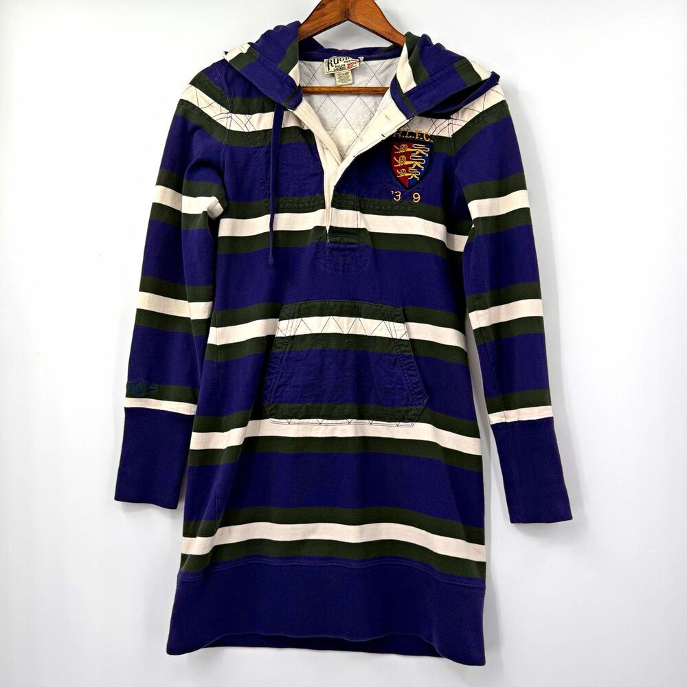 Rugby Ralph Lauren Dress M Purple Green Stripe Hooded Crest Y2K Preppy